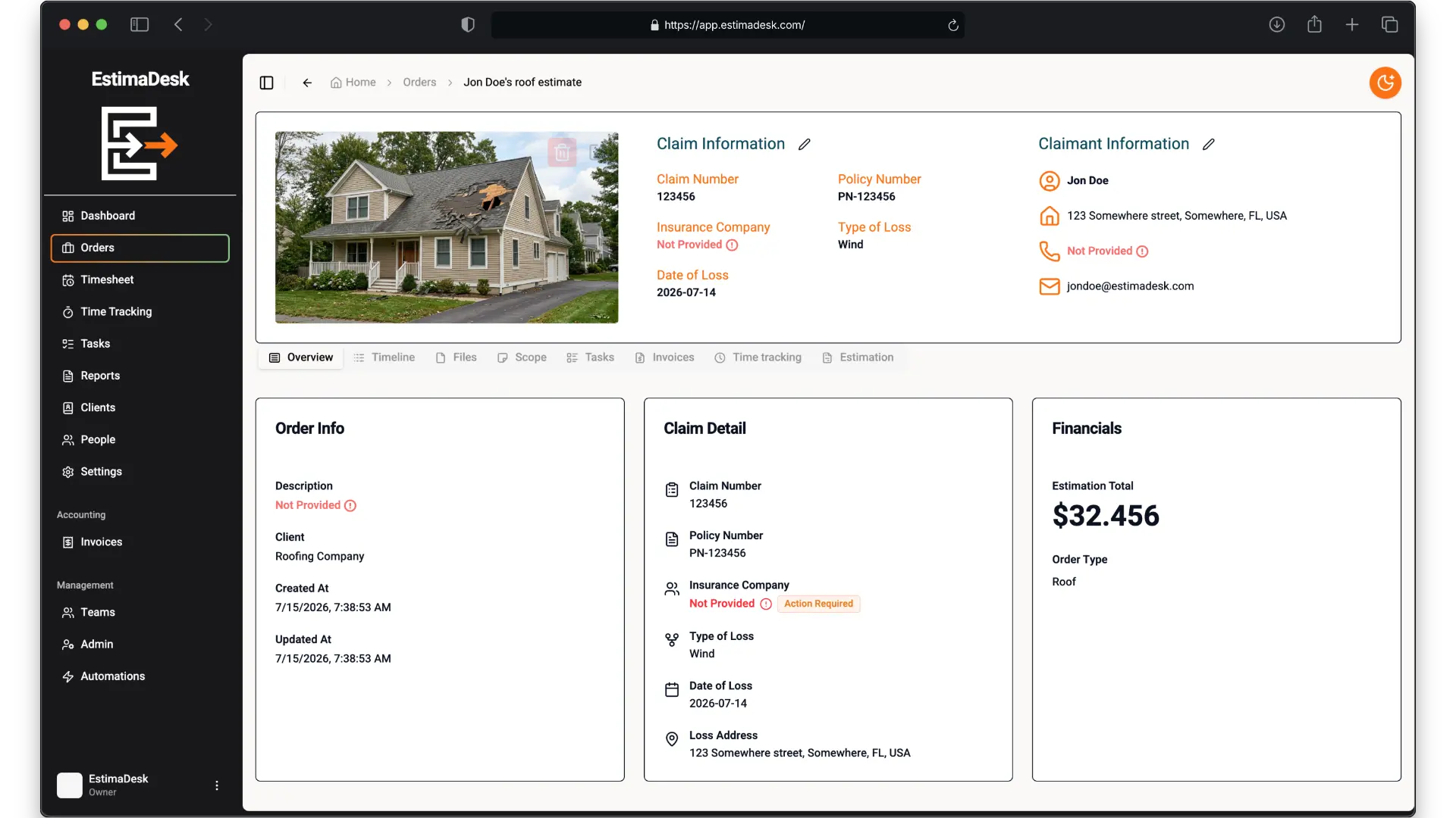 EstimaDesk dashboard for managing claim-estimating jobs